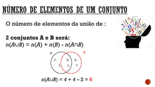 O número de elementos da união de :
2 conjuntos A e B será:
n(A∪B) = n(A) + n(B) - n(A∩B)
n(A∪B) = 4 + 4 – 2 = 6
 