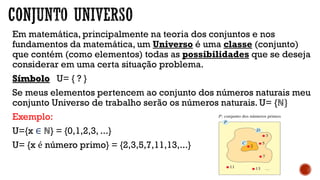 Em matemática, principalmente na teoria dos conjuntos e nos
fundamentos da matemática, um Universo é uma classe (conjunto)
que contém (como elementos) todas as possibilidades que se deseja
considerar em uma certa situação problema.
Símbolo U= { ? }
Se meus elementos pertencem ao conjunto dos números naturais meu
conjunto Universo de trabalho serão os números naturais. U= {ℕ}
Exemplo:
U={x ∈ ℕ} = {0,1,2,3, ...}
U= {x é número primo} = {2,3,5,7,11,13,...}
 