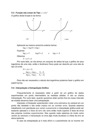 V.3 - Função não Linear do Tipo n
y D x=
O gráfico desta função é da forma
Aplicando ao mesmo raciocínio anterior temos:
log log logy D n x= +
Fazendo
log log e logy Y D d x X= = =
Obtemos
Y n X d= +
Por outro lado, se nós temos um conjunto de dados tal que o gráfico de seus
logaritmos dá uma reta, então o fenômeno físico pode ser descrito por uma reta do
tipo (3) onde:
2 1 2 1
2 1 2 1
( 1)
log log
log log
D y x
y y Y Y
n
x x X X
= =
− −
= =
− −
Para não ser necessário o calculo dos logaritmos podemos fazer o gráfico em
papel log-log.
V.4 - Interpolação e Extrapolação Gráfica
Frequentemente é necessário obter a partir de um gráfico de dados
experimentais um ponto intermediário as medidas obtidas. A isto se chama
Interpolação. Por outro lado, quando queremos obter pontos fora do nosso intervalo
de medida devemos fazer uma extrapolação
Interpolar e Extrapolar subentendem obter uma estimativa da variável em um
ponto não tabelado e isto então implica em se cometer erros. Quando estamos
trabalhando com grandezas que variam suavemente a interpolação gráfica pode ser
bastante aplicada e a faixa de erro não seria então muito superior à faixa de erros
das próprias medidas experimentais. Mas quando nada sabemos do modo como
variam as variáveis a interpolação se orna algo muito duvidoso e a faixa de erro se
eleva bastante.
O caso da extrapolação já é mais difícil e a possibilidade de se incorrer em
 