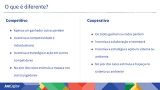 O que é diferente?
● Ou todos ganham ou todos perdem
● Incentiva a colaboração e teamwork
● Incentiva a estratégia e ação no sistema ou
ambiente
● No pior dos casos estimula a trapaça no
sistema ou ambiente
CooperativoCompetitivo
● Apenas um ganhador outros perdem
● Incentiva a competitividade e
individualismo
● Incentiva a estratégia e ação em outros
competidores
● No pior dos casos estimula a trapaça nos
outros jogadores
 