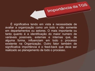 É significativa tendo em vista a necessidade de avaliar a organização como um todo e não somente em departamentos ou setores. O mais importante ou tanto quanto é a identificação do maior numero de variáveis possíveis, externas e internas que, de alguma forma, influenciam em todo o processo existente na Organização. Outro fator também de significativa importância é o feed-back que deve ser realizado ao planejamento de todo o processo. 