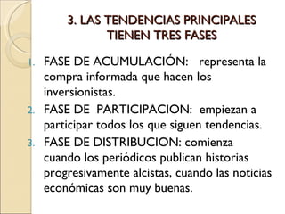 3. LAS TENDENCIAS PRINCIPALES TIENEN TRES FASES FASE DE ACUMULACIÓN:   representa la compra informada que hacen los inversionistas. FASE DE  PARTICIPACION:  empiezan a participar todos los que siguen tendencias. FASE DE DISTRIBUCION: comienza cuando los periódicos publican historias progresivamente alcistas, cuando las noticias económicas son muy buenas. 