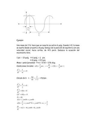 A




                α
                w0
        −A
                               2π
                               w0



Ejemplo:

Una masa de 2 lb. hace que un resorte se estire 6 pulg. Cuando t=0, la masa
se suelta desde un punto a 8 pulg. Debajo de la posición de equilibrio con una
velocidad inicial, hacia arriba, de 4/3 pie/s. Deduzca la ecuación del
movimiento libre.

1 pie = 12 pulg.    6 pulg. = ½ pie.
                    8 pulg. = 2/3 pie.
Masa = peso/gravedad        m = 2/32 = 1/16 slug.
                              2         dx             4
Condiciones iniciales: x(0) = pie ; v =    = x' (0) = − pie / s
                              3         dt             3
  2
d x k
     + x=0
 dt 2 m

                     mg   2
Calculo de k: k =       =     = 4 lb/pie.
                     ΔL 1 / 2

d 2x 4
    + 1 x=0
dt 2 16
d 2x
      + 64 x = 0
 dt 2
( D 2 + 64) x = 0
D = ±8i
x(t ) = c1 cos 8t + c 2 sen8t
         2                                  2
x(0) = = c1 cos 8 * 0 + c 2 sen8 * 0 → c1 =
         3                                  3
dx
     = v(t ) = −8c1 sen8t + 8c 2 cos 8t
dt
 