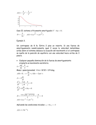 5      2
y (t ) = − e −t − e − 4t
          3      3




Caso II: sistema críticamente amortiguado: b 2 − 4ac = 0 ;
                         −b           −b
      b                     t            t
D=−      ; y (t ) = (c1e 2 a + c 2 te 2 a )
      2a

Ejemplo 3.

Un contrapeso de 8 lb. Estira 2 pies un resorte. Si una fuerza de
amortiguamiento numéricamente igual 2 veces la velocidad instantánea
actúa sobre el sistema deduzca la ecuación del movimiento si el contrapeso
se suelta de la posición de equilibrio con una velocidad hacia arriba de 3
pies/s.

•    Cualquier pequeña disminución de la fuerza de amortiguamiento
     originaría un movimiento oscilatorio.
      mg 8
k=         = =4
      ΔL 2
Masa = peso/gravedad            m = 8/32 = 1/4 slug.
                 dy
y (0) = 0 ; v =      = y`(0) = −3 pie / s
                  dt
         dy
δ = −2
         dt
   2
d y 2 dy 4
      +      + y=0
 dt 2 1 dt 1
         4      4

d2y     dy
   2
     + 8 + 16 y = 0
dt      dt

       − 8 ± 64 − 4 * 1 * 16 − 8
D=                               =   = −4
                   2               2
y (t ) = (c1e −4t + c 2 te −4t )

Aplicando las condiciones iniciales: c1 = 0; c 2 = −3

y (t ) = (−3te −4t )
 