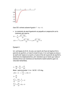 Caso III: sistema subamortiguado: b 2 − 4ac < 0 ;

•    La constante de amortiguamiento es pequeño en comparación con la
     constante del resorte.
        b    b 2 − 4ac
D=−        ±           i
        2a      2a
                                  b 2 − 4ac             b 2 − 4ac
                 b
             −      t
y (t ) = e       2a
                        (c1 cos             t + c 2 sen           t)
                                     2a                    2a



Ejemplo 4.

Un contrapeso de 16 lb. Se une a un resorte de 5 pie de longitud. En la
posición de equilibrio, el resorte mide 8.2 pies. Si el contrapeso se eleva y
se suelta del reposo en un punto a 2 pies arriba de la posición de equilibrio,
determine los desplazamientos, y(t). Considere que el medio que rodea al
sistema ofrece una resistencia al movimiento numéricamente igual a la
velocidad instantánea.



     mg 16         lb
k=        =    =5
     ΔL 3.2       pie
Masa = peso/gravedad          m = 16/32 = 1/2 slug.
                 dy
y (0) = −2 ; v =    = y`(0) = 0
                 dt
     dy
δ=
     dt
d 2 y 1 dy 5
      +      + y=0
dt 2 1 dt 1
        2      2

d2y     dy
   2
     + 2 + 10 y = 0
dt      dt
 