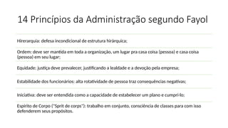 14 Princípios da Administração segundo Fayol
Hirerarquia: defesa incondicional de estrutura hirárquica;
Ordem: deve ser mantida em toda a organização, um lugar pra casa coisa (pessoa) e casa coisa
(pessoa) em seu lugar;
Equidade: justiça deve prevalecer, justificando a lealdade e a devoção pela empresa;
Estabilidade dos funcionários: alta rotatividade de pessoa traz consequências negativas;
Iniciativa: deve ser entendida como a capacidade de estabelecer um plano e cumpri-lo;
Espírito de Corpo ("Sprit de corps"): trabalho em conjunto, consciência de classes para com isso
defenderem seus propósitos.
 