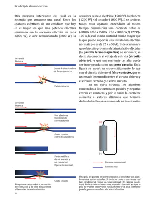 De la brújula al motor eléctrico

Otra pregunta interesante es: ¿cuál es la
potencia que consume una casa? Entre los
aparatos eléctricos de uso cotidiano que hay
en el hogar, los que más potencia eléctrica
consumen son la secadora eléctrica de ropa
(6000 W), el aire acondicionado (3000 W), la
Corriente
eléctrica

Unión de dos alambres
en forma correcta
Falso contacto

Corriente
eléctrica

Dos alambres
funcionando
correctamente
Corto circuito
entre dos alambres

Parte metálica
de un aparato y
un conductor.
Operación normal

Diagrama esquemático de un falso contacto y de dos situaciones
diferentes de corto circuito.

26

Corto circuito

secadora de pelo eléctrica (1500 W), la plancha
(1200 W) y el tostador (1000 W). Si se tuvieran
todos estos aparatos encendidos al mismo
tiempo consumirían una corriente total de
(6000+3000+1500+1200+1000)W/(127V)=
100 A, la cual es una cantidad mucho mayor que
la que puede soportar una instalación eléctrica
normal (que es de 25 A a 50 A). Esto ocasionaría
que el circuito protector de la instalación eléctrica
(la pastilla termomagnética) se accionara; es
decir, desconecta el voltaje de entrada (circuito
abierto), ya que una corriente tan alta puede
ser interpretada como un corto circuito. En la
figura se muestran esquemáticamente lo que
son el circuito abierto, el falso contacto, que es
un estado intermedio entre el circuto abierto y
el circuito cerrado, y el corto circuito.
	
En un corto circuito, los alambres
conectados a los terminales positivo y negativo
entran en contacto y por lo tanto la corriente
aumenta a valores altísimos que termina
dañándolos. Causas comunes de cortos circuitos
(+)

(-)

Corriente convencional
Corriente real

Una pila es puesta en corto circuito al conectar un alambre entre sus terminales. Se indican tanto la corriente real
(de electrones) como la convencional (de cargas positivas). Debe evitarse hacer este tipo de conexión ya que la
pila se vuelve inservible rápidamente y la alta corriente
puede generar mucho calor en el alambre.

 