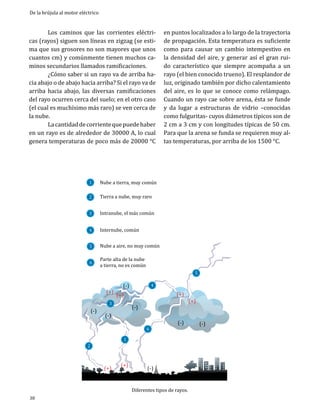 De la brújula al motor eléctrico

	
Los caminos que las corrientes eléctricas (rayos) siguen son líneas en zigzag (se estima que sus grosores no son mayores que unos
cuantos cm) y comúnmente tienen muchos caminos secundarios llamados ramificaciones.
	
¿Cómo saber si un rayo va de arriba hacia abajo o de abajo hacia arriba? Si el rayo va de
arriba hacia abajo, las diversas ramificaciones
del rayo ocurren cerca del suelo; en el otro caso
(el cual es muchísimo más raro) se ven cerca de
la nube.
	
La cantidad de corriente que puede haber
en un rayo es de alrededor de 30000 A, lo cual
genera temperaturas de poco más de 20000 °C
1

Nube a tierra, muy común

3

Intranube, el más común

2
4

5
6

(-)
2

38

en puntos localizados a lo largo de la trayectoria
de propagación. Esta temperatura es suficiente
como para causar un cambio intempestivo en
la densidad del aire, y generar así el gran ruido característico que siempre acompaña a un
rayo (el bien conocido trueno). El resplandor de
luz, originado también por dicho calentamiento
del aire, es lo que se conoce como relámpago.
Cuando un rayo cae sobre arena, ésta se funde
y da lugar a estructuras de vidrio –conocidas
como fulguritas- cuyos diámetros típicos son de
2 cm a 3 cm y con longitudes típicas de 50 cm.
Para que la arena se funda se requieren muy altas temperaturas, por arriba de los 1500 °C.

Tierra a nube, muy raro
Internube, común

Nube a aire, no muy común

Parte alta de la nube
a tierra, no es común

(+)
3

(-)

(+)

(-)

(+)

1

(+)

(-)

4

6

(-)

(+)
(-)

Diferentes tipos de rayos.

5

(+)

(-)

 