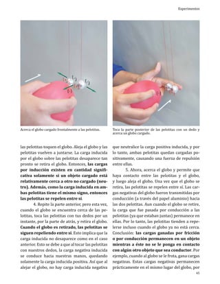 Experimentos

Acerca el globo cargado frontalmente a las pelotitas.

las pelotitas toquen el globo. Aleja el globo y las
pelotitas vuelven a juntarse. La carga inducida
por el globo sobre las pelotitas desaparece tan
pronto se retira el globo. Entonces, las cargas
por inducción existen en cantidad significativa solamente si un objeto cargado está
relativamente cerca a otro no cargado (neutro). Además, como la carga inducida en ambas pelotitas tiene el mismo signo, entonces
las pelotitas se repelen entre sí.
	
4. Repite la parte anterior, pero esta vez,
cuando el globo se encuentra cerca de las pelotitas, toca las pelotitas con tus dedos por un
instante, por la parte de atrás, y retira el globo.
Cuando el globo es retirado, las pelotitas se
siguen repeliendo entre sí. Esto implica que la
carga inducida no desaparece como en el caso
anterior. Esto se debe a que al tocar las pelotitas
con nuestros dedos, la carga negativa inducida
se conduce hacia nuestras manos, quedando
solamente la carga inducida positiva. Así que al
alejar el globo, no hay carga inducida negativa

Toca la parte posterior de las pelotitas con un dedo y
acerca un globo cargado.

que neutralice la carga positiva inducida, y por
lo tanto, ambas pelotitas quedan cargadas positivamente, causando una fuerza de repulsión
entre ellas.
	
5. Ahora, acerca el globo y permite que
haya contacto entre las pelotitas y el globo,
y luego aleja el globo. Una vez que el globo se
retira, las pelotitas se repelen entre sí. Las cargas negativas del globo fueron transmitidas por
conducción (a través del papel aluminio) hacia
las dos pelotitas. Aun cuando el globo se retire,
la carga que fue pasada por conducción a las
pelotitas (ya que estaban juntas) permanece en
ellas. Por lo tanto, las pelotitas tienden a repelerse incluso cuando el globo ya no está cerca.
Conclusión: las cargas ganadas por fricción
o por conducción permanecen en un objeto
mientras a éste no se le ponga en contacto
con algún otro objeto que sea conductor. Por
ejemplo, cuando al globo se le frota, gana cargas
negativas. Estas cargas negativas permanecen
prácticamente en el mismo lugar del globo, por
45

 