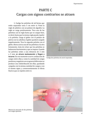 Experimentos

PARTE C
Cargas con signos contrarios se atraen

	
1. Cuelga las pelotitas de tal forma que
estén separadas unos 5 cm entre sí. Frota la
regla de plástico con un pedazo de algodón. La
regla se carga positivamente. Toca una de las
pelotitas con la regla hasta que se cargue bien,
es decir, hasta que la misma regla pueda repeler
a la pelotita. Carga el globo con el pedazo de
piel (o con tu cabello); el globo quedará cargado
negativamente. Toca la segunda pelotita con el
globo. Ahora acerca una de las pelotitas a la otra
lentamente, trata de evitar que las pelotitas se
balanceen fuertemente y que se toquen. Cuando
las pelotitas están a una distancia de 2 mm
a 3 mm, se atraen mutuamente y llegan a
tocarse. En ese momento ocurre conducción de
cargas entre ellas y como la cantidad de cargas
positivas y negativas son en general diferentes se
produce una redistribución de ellas, quedando
cargadas con la misma cantidad de cargas y con
el mismo signo, y consecuentemente el efecto
final es que se repelen entre sí.

Observa la atracción de dos pelotitas
con cargas opuestas.

5 cm

Cuelga dos pelotitas de unicel separadas.

47

 