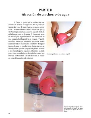 PARTE D
Atracción de un chorro de agua

	
1. Carga el globo con el pedazo de piel
durante al menos 30 segundos. En la parte del
vértice del cono de papel haz un pequeño agujero de 2 mm de diámetro. Llena el cono de agua y
vierte el agua en el vaso. Acerca la parte frotada
del globo al chorro de agua. El chorro de agua
es atraído por el globo debido a la aparición de
una carga inducida positiva en el agua. ¿Y qué le
sucede a las cargas inducidas negativas, localizadas en el lado más lejano del chorro de agua?
Como el agua es conductora, dichas cargas, al
ser repelidas por las cargas del globo, tienden
a irse hacia la parte superior del cono o hacia la
parte inferior del chorro. Esto lo hacen en forma casi instantánea. De esta manera, el efecto
de atracción es aún más efectivo.

(+)

48

Frota un globo con un pedazo de piel.

(-)

Acerca el globo cargado eléctricamente al chorro de agua
y observa el efecto de atracción.

 