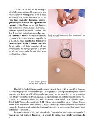 2. A una de las pelotitas de unicel pásale el clavo magnetizado. Llena con agua una
pequeña charola. Pon la pelotita sobre el agua,
de preferencia en el centro de la charola. El clavo se sigue moviendo y después de unos segundos deja de moverse para apuntar hacia
cierta dirección. Marca con un lápiz la dirección hacia donde apunta. Empuja o gira el clavo. Déjalo reposar. Nuevamente, cuando el clavo
deja de moverse, marca la dirección. Las marcas son casi las mismas. Muévelo varias veces,
evita que la pelotita se atore con las orillas de
la charola. El clavo, cuando deja de moverse,
siempre apunta hacia la misma dirección.
Esa dirección es el Norte magnético, el cual
está muy cerca del Norte geográfico. La pelotita
con el clavo magnetizado, flotando sobre agua,
constituye una brújula.

Las dos brújulas apuntan
hacia el Norte magnético.

Construye una brújula con un clavo magnetizado y una
pelotita de unicel.

	
El polo N de las brújulas comerciales siempre apunta hacia el Norte geográfico. Entonces,
el polo Norte geográfico corresponde al polo Sur magnético ya que un polo Sur magnético siempre
atrae a un polo Norte magnético. El resultado de esta atracción son las dos fuerzas que se muestran
en el dibujo: F1 se debe a la atracción que ejerce el polo S magnético de la Tierra sobre el polo N de
la brújula, y F2 a su vez se origina de la atracción entre el polo N magnético del planeta y el polo S
de la brújula. También, las magnitudes de F1 y F2 son las mismas. Nota que el resultado de estas
fuerzas es un movimiento de rotación de la brújula –a este tipo de fuerzas iguales que provocan
giros se les llama par; un ejemplo típico de par es el que se ejerce mediante una llave cruceta sobre
los tornillos de una llanta–.
	
Imanta el clavo con el lado contrario del imán. Coloca el clavo nuevamente en la charola. El
clavo apunta en la misma la dirección, pero la punta del clavo apunta en la dirección opuesta.

70

 