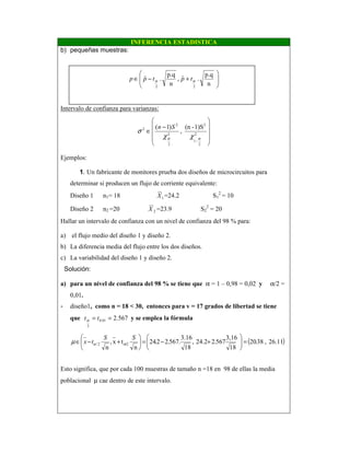 INFERENCIA ESTADISTICA
b) pequeñas muestras:








+−∈
n
p.q
.ˆ,
n
p.q
.ˆ
22
αα tptpp
Intervalo de confianza para varianzas:










−
∈ 2
2
-1
2
2
2
2
2 1)S-(n
,
)1(
αα χχ
σ
Sn
Ejemplos:
1. Un fabricante de monitores prueba dos diseños de microcircuitos para
determinar si producen un flujo de corriente equivalente:
Diseño 1 n1= 18 1X =24.2 S1
2
= 10
Diseño 2 n2 =20 2X =23.9 S2
2
= 20
Hallar un intervalo de confianza con un nivel de confianza del 98 % para:
a) el flujo medio del diseño 1 y diseño 2.
b) La diferencia media del flujo entre los dos diseños.
c) La variabilidad del diseño 1 y diseño 2.
Solución:
a) para un nivel de confianza del 98 % se tiene que α = 1 – 0,98 = 0,02 y α/2 =
0,01.
- diseño1, como n = 18 < 30, entonces para v = 17 grados de libertad se tiene
que 567.201.0
2
== ttα y se emplea la fórmula
( )26.11,38.20
18
3,16
567.224.2,
18
3.16
.567.22.24
n
tx,
n
/22/ =





+−=





+−∈
SS
tx ααµ
Esto significa, que por cada 100 muestras de tamaño n =18 en 98 de ellas la media
poblacional µ cae dentro de este intervalo.
 