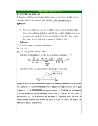 INFERENCIA ESTADISTICA
ya que el área de las colas está muy cercana a cero (0,0000892649) entonces
los valores de α < 0,0000892649 permiten aceptar la hipótesis nula; por lo que
el valor p = α > 0,0000892649 permiten rechazar H0. Por lo tanto, es evidente
que para niveles de significación del 1% (α =0,01), 5% (α=0,05),10% (α=0,1)
se rechaza H0. En conclusión se rechaza la hipótesis nula de que la
conductividad térmica del ladrillo es igual a 0,36; es decir, se acepta la
alternativa de que es diferente.
 