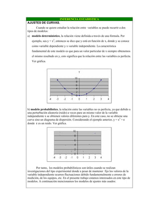 INFERENCIA ESTADISTICA
AJUSTES DE CURVAS.
Cuando se quiere estudiar la relación entre variables se puede recurrir a dos
tipos de modelos:
a) modelo determinístico, la relación viene definida a través de una fórmula. Por
ejemplo, sea y = x2
, entonces se dice que y está en función de x, donde y se conoce
como variable dependiente y x variable independiente. La característica
fundamental de este modelo es que para un valor particular de x siempre obtenemos
el mismo resultado en y, esto significa que la relación entre las variables es perfecta.
Ver gráfica.
b) modelo probabilistico, la relación entre las variables no es perfecta, ya que debido a
una perturbación aleatoría (ruido) a veces para un mismo valor de la variable
independiente x se obtienen valores diferentes para y. En este caso, no se obtiene una
curva sino un diagrama de dispersión. Considerando el ejemplo anterior, y = x2
+ ε
donde ε es un ruido. Ver gráfica.
Por tanto, los modelos probabilísticos son útiles cuando se realizan
investigaciones del tipo experimental donde a pesar de mantener fijo los valores de la
variable independiente ocurren fluctuaciones debido fundamentalmente a errores de
medición, de los equipos, etc. En el presente trabajo estamos interesados en este tipo de
modelos. A continuación mencionamos los modelos de ajustes más usados:
 