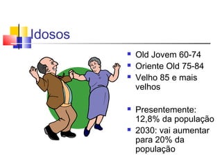 Idosos
 Old Jovem 60-74
 Oriente Old 75-84
 Velho 85 e mais
velhos
 Presentemente:
12,8% da população
 2030: vai aumentar
para 20% da
população
 