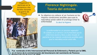 Florence Nightingale.
Teoría del entorno
 Su objetivo era colocar al ser humano en las
mejores condiciones posibles para que la
naturaleza actúe sobre él y consiga evitar la
enfermedad
Fue nombrado el Año Internacional del Personal de Enfermería y Partería por la OMS,
en el marco de la conmemoración del bicentenario del nacimiento de Florence
Organizó y
participó en la
asistencia a los
heridos durante
la guerra de
Crimea
Es decir la Higiene
La enfermedad es un proceso reparador
El cuidado es un servicio a la humanidad que la
enfermera asume y lleva a cabo situado al
paciente en las mejores condiciones posibles para
que la naturaleza actúe sobre ella.
 
