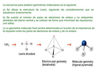 La secuencia para predecir geometrías moleculares es la siguiente
a) Se dibuja la estructura de Lewis, siguiendo las consideraciones que se
estudiraron anteriormente.
b) Se cuenta el número de pares de electrones de enlace y no enlazantes
alrededor del átomo central y se colocan de forma que minimicen las repulsiones:
(ver tabla)
c) La geometría molecular final vendrá determinada en función de la importancia de
la repulsión entre los pares de electrones de enlace y de no enlace.
 