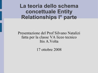 La teoria dello schema concettuale Entity Relationships I° parte Presentazione del Prof Silvano Natalizi fatta per la classe VA liceo tecnico Itis A.Volta 17 ottobre 2008 