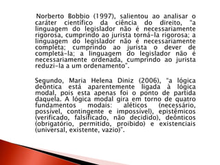 Norberto Bobbio (1997), salientou ao analisar o
caráter científico da ciência do direito, “a
linguagem do legislador não é necessariamente
rigorosa, cumprindo ao jurista torná-la rigorosa; a
linguagem do legislador não é necessariamente
completa; cumprindo ao jurista o dever de
completá-la; a linguagem do legislador não é
necessariamente ordenada, cumprindo ao jurista
reduzi-la a um ordenamento”.
Segundo, Maria Helena Diniz (2006), “a lógica
deôntica está aparentemente ligada à lógica
modal, pois esta apenas foi o ponto de partida
daquela. A lógica modal gira em torno de quatro
fundamentos modais: aléticos (necessário,
possível, contingente e impossível), epistêmicos
(verificado, falsificado, não decidido), deônticos
(obrigatório, permitido, proibido) e existenciais
(universal, existente, vazio)”.
 