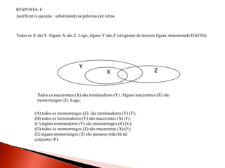 RESPOSTA: C
Justificativa questão : substituindo as palavras por letras
Todos os X são Y. Alguns X são Z. Logo, alguns Y são Z (silogismo de terceira figura, denominado DATISI).
X
Y
Z
(A) todos os momorrengos (Z) são torminodoros (Y) (F);
(B) todos os torminodoros (Y) são macerontes (X) (F);
(C) alguns torminodoros (Y) são momorrengos (Z) (V);
(D) todos os momorrengos (Z) são macerontes (X) (F);
(E) alguns momorrengos (Z) são pássaros (não há tal
conjunto) (F).
Todos os macerontes (X) são torminodoros (Y). Alguns macerontes (X) são
momorrengos (Z). Logo,
 