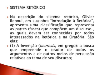  SISTEMA RETÓRICO
 Na descrição do sistema retórico, Olivier
Reboul, em sua obra “Introdução à Retórica”,
apresenta uma classificação que representa
as partes (fases) que compõem um discurso ,
as quais devem ser conhecidas por todos
interessados na Retórica e na Oratória. São
elas:
 (1) A Invenção (heuresis, em grego): a busca
que empreende o orador de todos os
argumentos e de outros meios de persuasão
relativos ao tema de seu discurso;
 