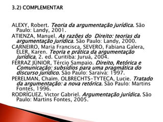 3.2) COMPLEMENTAR
ALEXY, Robert. Teoria da argumentação jurídica. São
Paulo: Landy, 2001.
ATIENZA, Manuel. As razões do Direito: teorias da
argumentação jurídica. São Paulo: Landy, 2000.
CARNEIRO, Maria Francisca, SEVERO, Fabiana Galera,
ÉLER, Karen. Teoria e prática da argumentação
jurídica. 2. ed. Curitiba: Juruá, 2004.
FERRAZ JÚNIOR, Tércio Sampaio. Direito, Retórica e
Comunicação: subsídios para uma pragmática do
discurso jurídico. São Paulo: Saraiva: 1997.
PERELMAN, Chaïm. OLBRECHTS-TYTECA, Lucie. Tratado
da argumentação: a nova retórica. São Paulo: Martins
Fontes, 1996.
RODRÍGUEZ, Victor Gabriel. Argumentação jurídica. São
Paulo: Martins Fontes, 2005.
 