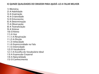 II) QUINZE QUALIDADES DO ORADOR PARA AJUDÁ-LO A FALAR MELHOR
1) Memória
2) A Habilidade
3) A Inspiração
4) A Criatividade
5) O Entusiasmo
6) A Determinação
7) A Observação
8) A Teatralização
9) A Síntese
10) O Ritmo
11) A Voz
11.1) A Respiração
11.2) A Dicção
11.3) Velocidade
11.4) Expressividade na Fala
11.5) Intensidade
12) O Vocabulário
12.1) A Escolha do Vocabulário Ideal
13) A Expressão Corporal
14) A Naturalidade
15) O Conhecimento
 