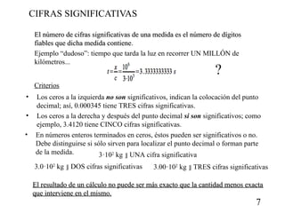 CIFRAS SIGNIFICATIVAS
El número de cifras significativas de una medida es el número de dígitos
fiables que dicha medida contiene.
contiene
Ejemplo “dudoso”: tiempo que tarda la luz en recorrer UN MILLÓN de
kilómetros...

?

Criterios
•
•
•

Los ceros a la izquierda no son significativos, indican la colocación del punto
decimal; así, 0.000345 tiene TRES cifras significativas.
Los ceros a la derecha y después del punto decimal si son significativos; como
ejemplo, 3.4120 tiene CINCO cifras significativas.
En números enteros terminados en ceros, éstos pueden ser significativos o no.
Debe distinguirse si sólo sirven para localizar el punto decimal o forman parte
de la medida.
3·102 kg  UNA cifra significativa
3.0·102 kg  DOS cifras significativas

3.00·102 kg  TRES cifras significativas

El resultado de un cálculo no puede ser más exacto que la cantidad menos exacta
que interviene en el mismo.

7

 