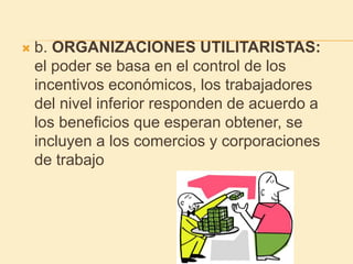  b. ORGANIZACIONES UTILITARISTAS:
el poder se basa en el control de los
incentivos económicos, los trabajadores
del nivel inferior responden de acuerdo a
los beneficios que esperan obtener, se
incluyen a los comercios y corporaciones
de trabajo
 