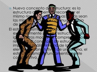  Nuevo concepto de estructura: es la
estructura que permite reconocer el
mismo rio, aunque sus aguas jamás sean
las mismas debido al continuo cambio
de todas las cosas.
El estructuralismo se preocupo
exclusivamente por las ”estructuras” en
ignoro otros modos de comprender la
realidad. El concepto de estructura
implica el análisis interno de los
elementos constitutivos de un sistema, el
estructuralismo es fundamentalmente
comparativo.
 
