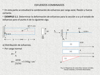ESFUERZOS COMBINADOS
• En esta parte se estudiará la combinación de esfuerzos por carga axial, flexión y fuerza
cortante.
• EJEMPLO 1.1. Determinar la deformación de esfuerzos para la sección a-a y el estado de
esfuerzos para el punto A de la siguiente viga.
a) Distribución de esfuerzos.
• Por carga normal
3 2
P = 8 t30°a
a
12.5
25
50
RV
6.93 t
MRH
4 t
N
6.93
(-)
4
(+)
12
(-)
V
M
Fig. 2.2 Diagramas de cuerpo libre, fuerzas normales,
fuerzas cortantes y momentos flexionantes.
A
F
=σ
2
cm/kg54.5
)50(25
6930
==σ
 