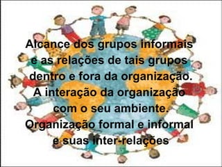 Alcance dos grupos informais
 e as relações de tais grupos
dentro e fora da organização.
 A interação da organização
     com o seu ambiente.
Organização formal e informal
     e suas inter-relações
 