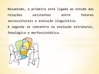Resumindo, a primeira está ligada ao estudo das
relações existentes entre fatores
socioculturais e evolução linguística.
A segunda se concentra na evolução estrutural,
fonológica e morfossintática.
 