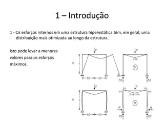 12
1 – Introdução
1 - Os esforços internos em uma estrutura hiperestática têm, em geral, uma
distribuição mais otimizada ao longo da estrutura.
Isto pode levar a menores
valores para os esforços
máximos.
 