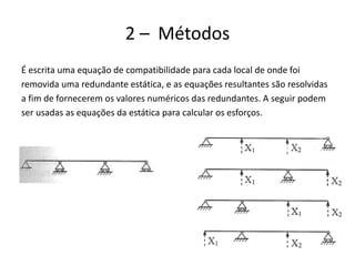 24
2 – Métodos
É escrita uma equação de compatibilidade para cada local de onde foi
removida uma redundante estática, e as equações resultantes são resolvidas
a fim de fornecerem os valores numéricos das redundantes. A seguir podem
ser usadas as equações da estática para calcular os esforços.
 