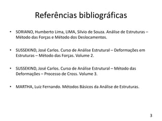 3
Referências bibliográficas
• SORIANO, Humberto Lima, LIMA, Silvio de Souza. Análise de Estruturas –
Método das Forças e Método dos Deslocamentos.
• SUSSEKIND, José Carlos. Curso de Análise Estrutural – Deformações em
Estruturas – Método das Forças. Volume 2.
• SUSSEKIND, José Carlos. Curso de Análise Estrutural – Método das
Deformações – Processo de Cross. Volume 3.
• MARTHA, Luiz Fernando. Métodos Básicos da Análise de Estruturas.
 