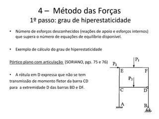 30
4 – Método das Forças
1º passo: grau de hiperestaticidade
• Número de esforços desconhecidos (reações de apoio e esforços internos)
que supera o número de equações de equilíbrio disponível.
• Exemplo de cálculo do grau de hiperestaticidade
Pórtico plano com articulação (SORIANO, pgs. 75 e 76)
• A rótula em D expressa que não se tem
transmissão de momento fletor da barra CD
para a extremidade D das barras BD e DF.
 