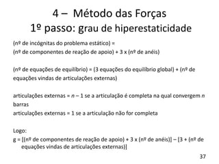 37
4 – Método das Forças
1º passo: grau de hiperestaticidade
(nº de incógnitas do problema estático) =
(nº de componentes de reação de apoio) + 3 x (nº de anéis)
(nº de equações de equilíbrio) = (3 equações do equilíbrio global) + (nº de
equações vindas de articulações externas)
articulações externas = n – 1 se a articulação é completa na qual convergem n
barras
articulações externas = 1 se a articulação não for completa
Logo:
g = [(nº de componentes de reação de apoio) + 3 x (nº de anéis)] – [3 + (nº de
equações vindas de articulações externas)]
 