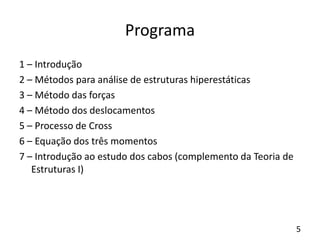 5
Programa
1 – Introdução
2 – Métodos para análise de estruturas hiperestáticas
3 – Método das forças
4 – Método dos deslocamentos
5 – Processo de Cross
6 – Equação dos três momentos
7 – Introdução ao estudo dos cabos (complemento da Teoria de
Estruturas I)
 