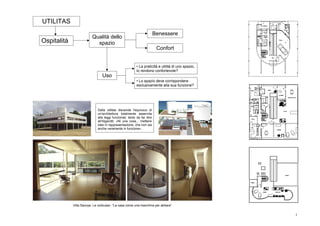 UTILITAS
                                                                        Benessere
                         Qualità dello
Ospitalità                 spazio
                                                                         Confort


                                                         • La praticità e utilità di uno spazio,
                                                         lo rendono confortevole?
                                Uso
                                                         • Lo spazio deve corrispondere
                                                         esclusivamente alla sua funzione?




                             Dalla utilitas discende l'equivoco di
                             un'architettura totalmente asservita
                             alle leggi funzionali, tanto da far dire
                             all'Algarotti: «Ni una cosa... mettersi
                             idee in rappresentazione, che non sia
                             anche veramente in funzione».




             Villa Savoye. Le corbusier. “La casa come una macchina per abitare”

                                                                                                   3
 