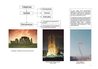 FIRMITAS
                                                      Conoscenza
                                                                                                  Si sono scritte storie dell'architettura
                                                                                                  esaltando la firmitas e si sono fatte storie
                           Solidità                      Tecnica                                  della statica e della tettonica, relazionate a
                                                                                                  una serie di monumenti che presentavano
                                                                                                  solo alcune caratteristiche comuni.
                                                        Artificialità                             Al positivismo tecnicistico la firmitas è parsa
                                                                                                  la componente essenziale dell'architettura e
                                                                                                  sono stati quindi più ampiamente analizzati e
                                                                                                  valutati epoche ed edifici in cui la "tecnica",
                                                      • L’immagine può sopravivere al             assumendo aspetti vistosi, è sembrata
                                                      costruito?                                  erroneamente matrice prima, confondendo
                     Permanenza                                                                   l'avanzamento della tecnologia con i valori
                                                                                                  globali dell'edificio.
                                                      • Si può parlare di una architettura
                                                      che rimane nella memoria?




Stonehege. “Architettura che rimane nella memoria”.




                                                            Cattedrale della “Sagrada Familia”.                Torre Telefonica.
                                                                      Antonio Gaudi.                          Santiago Calatrava.

                                                                                                                                                    4
 