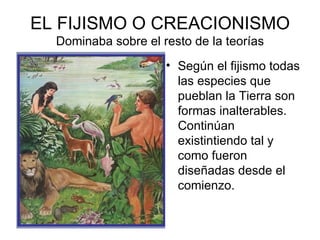 EL FIJISMO O CREACIONISMO
  Dominaba sobre el resto de la teorías
                     • Según el fijismo todas
                       las especies que
                       pueblan la Tierra son
                       formas inalterables.
                       Continúan
                       existintiendo tal y
                       como fueron
                       diseñadas desde el
                       comienzo.
 