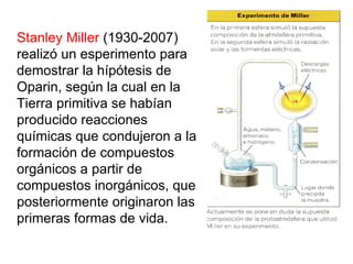 Stanley Miller (1930-2007)
realizó un esperimento para
demostrar la hípótesis de
Oparin, según la cual en la
Tierra primitiva se habían
producido reacciones
químicas que condujeron a la
formación de compuestos
orgánicos a partir de
compuestos inorgánicos, que
posteriormente originaron las
primeras formas de vida.
 