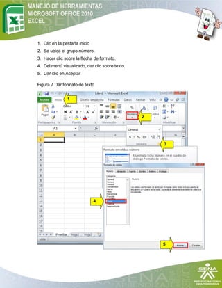 1. Clic en la pestaña inicio
2. Se ubica el grupo número.
3. Hacer clic sobre la flecha de formato.
4. Del menú visualizado, dar clic sobre texto.
5. Dar clic en Aceptar

Figura 7 Dar formato de texto


                1



                                                 2




                                                     3




                               4




                                                     5
 