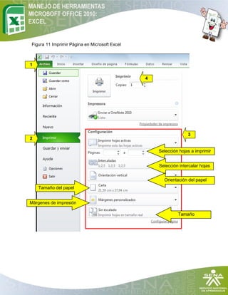 Figura 11 Imprimir Página en Microsoft Excel



1


                                               4




                                                                 3
2

                                                   Selección hojas a imprimir


                                                   Selección intercalar hojas


                                                     Orientación del papel
    Tamaño del papel


Márgenes de impresión

                                                            Tamaño
                                                      escalado
 