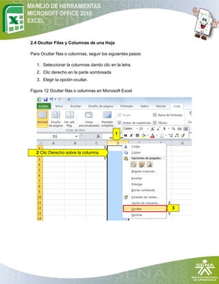 2.4 Ocultar Filas y Columnas de una Hoja

Para Ocultar filas o columnas, seguir los siguientes pasos:

   1. Seleccionar la columnas dando clic en la letra.
   2. Clic derecho en la parte sombreada
   3. Elegir la opción ocultar.

Figura 12 Ocultar filas o columnas en Microsoft Excel




                                            1



   2 Clic Derecho sobre la columna




                                                              3
 