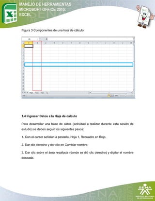 Figura 3 Componentes de una hoja de cálculo




1.4 Ingresar Datos a la Hoja de cálculo

Para desarrollar una base de datos (actividad a realizar durante esta sesión de
estudio) se deben seguir los siguientes pasos:

1. Con el cursor señalar la pestaña, Hoja 1. Recuadro en Rojo.

2. Dar clic derecho y dar clic en Cambiar nombre.

3. Dar clic sobre el área resaltada (donde se dió clic derecho) y digitar el nombre
deseado.
 