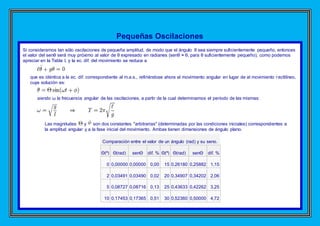 Pequeñas Oscilaciones
Si consideramos tan sólo oscilaciones de pequeña amplitud, de modo que el ángulo θ sea siempre suficientemente pequeño, entonces
el valor del senθ será muy próximo al valor de θ expresado en radianes (senθ ≈ θ, para θ suficientemente pequeño), como podemos
apreciar en la Tabla I, y la ec. dif. del movimiento se reduce a
que es idéntica a la ec. dif. correspondiente al m.a.s., refiriéndose ahora al movimiento angular en lugar de al movimiento rectilíneo,
cuya solución es:
siendo ω la frecuencia angular de las oscilaciones, a partir de la cual determinamos el período de las mismas:
Las magnitudes y son dos constantes "arbitrarias" (determinadas por las condiciones iniciales) correspondientes a
la amplitud angular y a la fase inicial del movimiento. Ambas tienen dimensiones de ángulo plano.
Comparación entre el valor de un ángulo (rad) y su seno.
Θ(º) Θ(rad) senΘ dif. % Θ(º) Θ(rad) senΘ dif. %
0 0,00000 0,00000 0,00 15 0,26180 0,25882 1,15
2 0,03491 0,03490 0,02 20 0,34907 0,34202 2,06
5 0,08727 0,08716 0,13 25 0,43633 0,42262 3,25
10 0,17453 0,17365 0,51 30 0,52360 0,50000 4,72
 