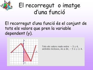 El recorregut o imatge
d’una funció
El recorregut d’una funció és el conjunt de
tots els valors que pren la variable
dependent (y).
 